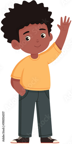Cartoon black child waving wearing yellow shirt and jeans vector illustration