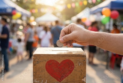 Close-up of a hand placing a coin into a wooden donation box with a red heart symbol at an outdoor event. This image is ideal for illustrating charity, community support, or fundraising concepts