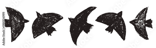 Charcoal bird silhouette set with crayon texture in soaring poses and flock. Ink bird in brush and charcoal scribble for print or sticker pack. Vector dove sketch icon in naive childish drawn isolated