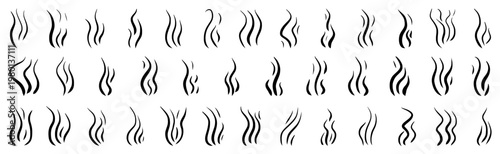 Hand-drawn smoke icons with steam waves and aroma clouds. Vector doodle set featuring hot vapor, cooking fumes, and fragrance swirls for food and coffee designs. Smells steam collection isolated.