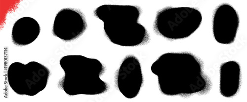 Black spray paint spot shapes with graffiti drip and splotch on white. Round spray patches in organic ink for street art overlay. Uneven vector paint blob callout set for sale or promo banner isolated