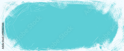 Ice grunge rink texture with white oval frame on teal blue snow background. Worn scratch overlay with ice grunge effect for winter print or poster. Clean frost vector backdrop in cyan seasonal tone.