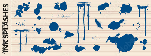 Ink splash and splodge on vintage lined paper with blue stain elements. School notebook ink splash drips with runny splotch and smear marks. Handmade vector set for scrapbook journal and collage. bg.