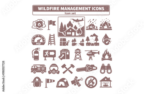 Wildfire Management Icon Set Fire Perimeter Map Red Flag Warning Defensible Space Ember Cast Air Quality Index Evacuation Ladder Firebreak Fuel Moisture Vector