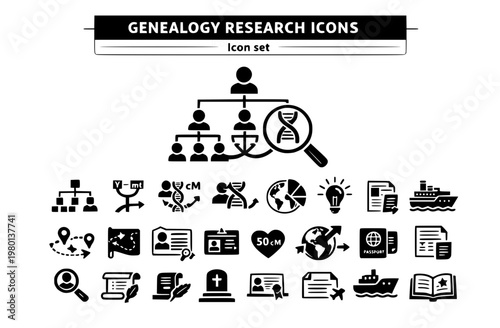 Genealogy Research Icon Set Family Tree Haplogroup Centimorgans DNA Ethnicity Record Hint Ancestor Migration Path Vital Record Immigration Manifest Vector
