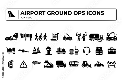 Airport Ground Operations Icon Set Pushback Tug Jetway FOD Walk NOTAM Airside Vehicle Ground Crew Marshalling Fuel Truck De-Icing Vector Illustration