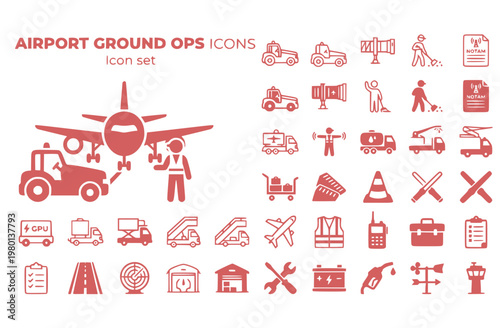 Airport Ground Operations Icon Set Pushback Tug Jetway FOD Walk NOTAM Airside Vehicle Ground Crew Marshalling Fuel Truck De-Icing Vector Illustration