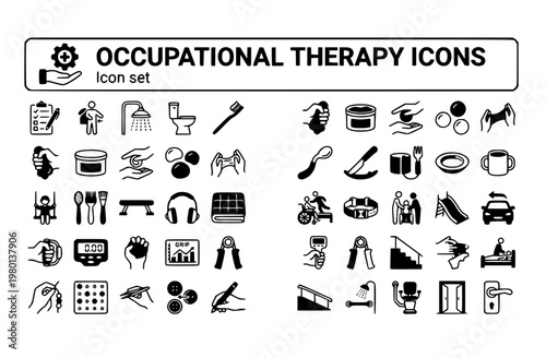 Occupational Therapy Icon Set ADL Assessment Hand Therapy Putty Adaptive Utensils Sensory Integration Transfer Board Grip Strength Fine Motor Home Modification