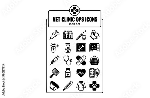 Veterinary Clinic Operations Icon Set Ultrasound Probe Blood Panel Dental Scaling Spay Neuter Microchip Scanner Fecal Float Radiology Anesthesia Monitor