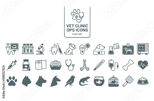 Veterinary Clinic Operations Icon Set Ultrasound Probe Blood Panel Dental Scaling Spay Neuter Microchip Scanner Fecal Float Radiology Anesthesia Monitor
