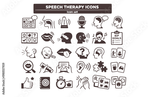 Speech Language Pathology Icon Set AAC Device Articulation Placement Fluency Shaping Voice Therapy Aphasia Board Oral Motor Exercise IEP Goal PECS Card