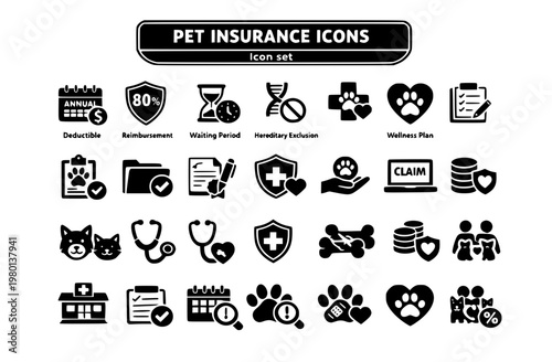 Pet Insurance Icon Set Annual Deductible Reimbursement Rate Waiting Period Hereditary Condition Exclusion Wellness Add-On Claim Submission Multi-Pet Discount
