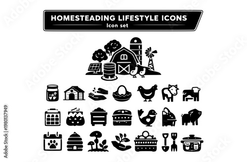Homesteading Lifestyle Icon Set Rainwater Harvest Root Cellar Food Forest Composting Off-Grid Power Seed Saving Animal Husbandry Water Bath Canning Vector