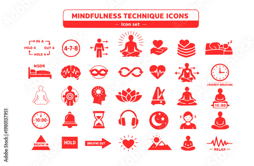 Mindfulness Technique Icon Set Box Breathing 4-7-8 Cycle Body Scan Loving-Kindness NSDR Protocol Coherent Breathing Meditation Timer Phases Vector Illustration