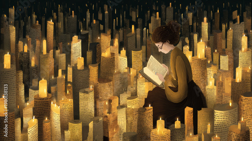 Reader surrounded by enchanted candles flickering in rhythm with words. 