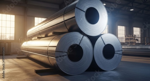 Industrial steel rolls stacked in warehouse with sunlight