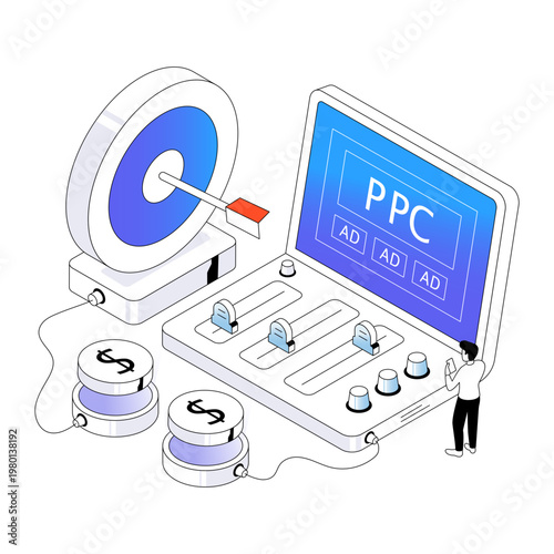 Conceptual isometric design illustration of pay per click