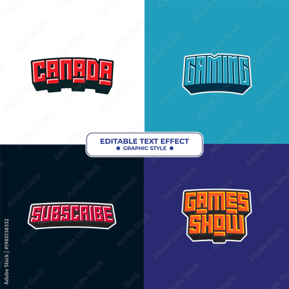 Naklejka premium Set Editable text style effect - Canada, Gaming, Subscribe, Games text style theme.