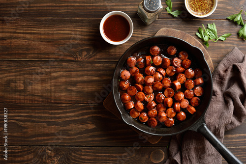 Bbq smoked sausage bites in cast iron skillet