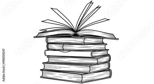 A black and white illustration depicts a stack of open books suggesting knowledge and learning
