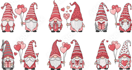 Set of Cute Valentine’s Day Gnomes with Balloons, Gifts, and Hearts for Love, Celebration, and Festive Design Themes