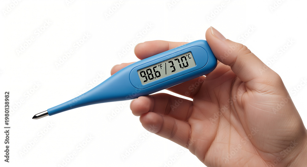 Obraz premium Hand holding a digital thermometer displaying a normal body temperature reading, representing health monitoring and fever checking