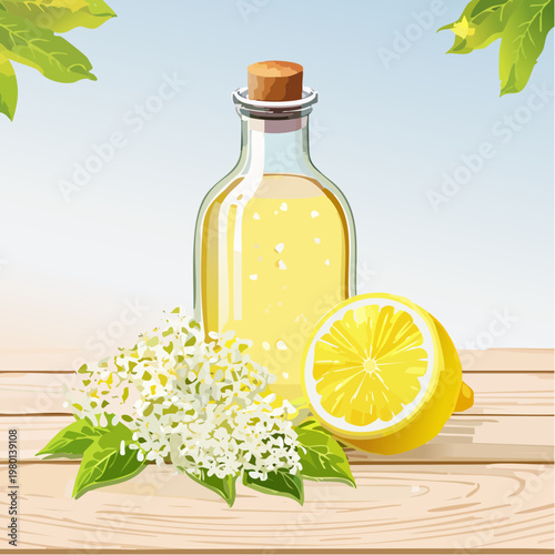 Hausgemachter Holunderblütensirup in Glasflasche mit frischen Blüten