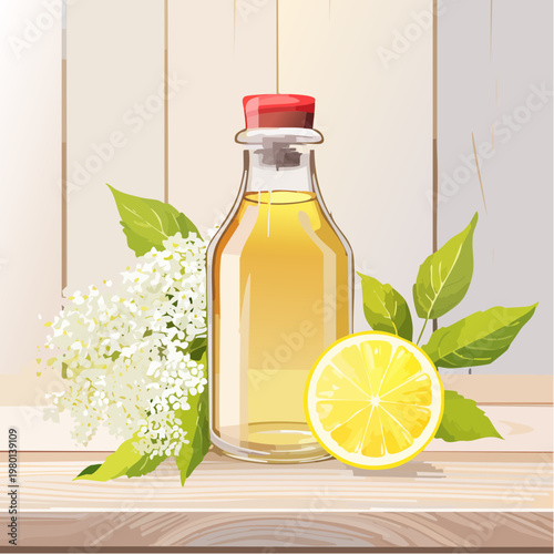 Hausgemachter Holunderblütensirup in Glasflasche mit frischen Blüten