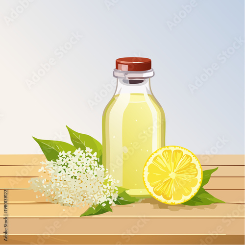 Hausgemachter Holunderblütensirup in Glasflasche mit frischen Blüten