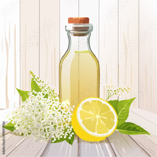 Hausgemachter Holunderblütensirup in Glasflasche mit frischen Blüten