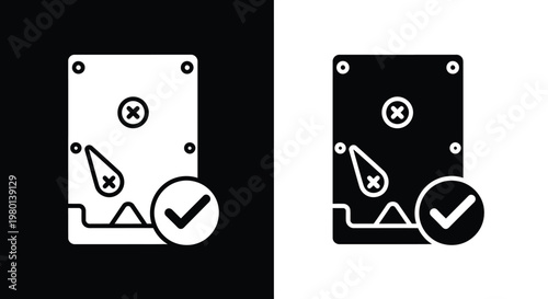 A contrasting depiction of a hard drive icon showing positive and negative states