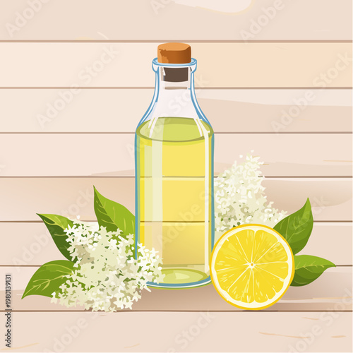 Hausgemachter Holunderblütensirup in Glasflasche mit frischen Blüten