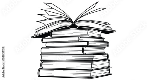 A black and white illustration depicts a stack of books with an open book resting on top