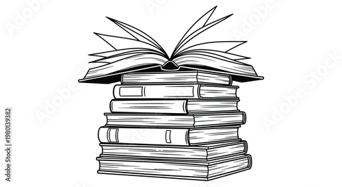 A black and white illustration depicts a stack of open books symbolizing knowledge and learning