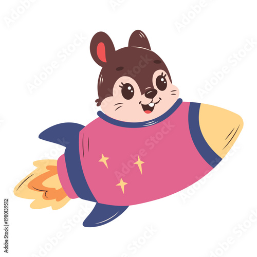 Cute Squirrel Astronaut Flying Rocket Ship Vector Illustration for Kids Space Theme