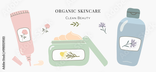 Set of organic skincare products including rose cream tube face moisturizer jar with chamomile and cornflower tonic bottle. Natural beauty care elements for clean cosmetics design in vector style.