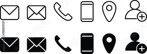 flat communication and contact vector icon set with email phone location and user symbols