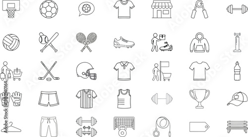 Flat vector sports and leisure icon pack set with equipment, clothing, and trophies
