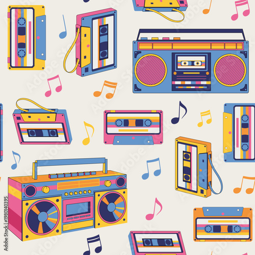 Colorful seamless pattern with retro audio devices and cassette tapes. Vector illustration of boombox, cassette players, tape recorders, vintage stereos and musical notes.