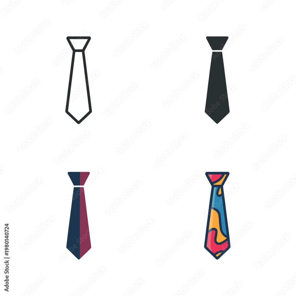 Fototapeta premium Necktie icon set with slim, classic and patterned styles, perfect for Fathers Day posters, menswear catalog, office fashion graphics