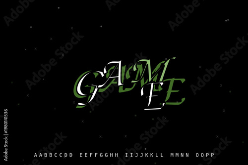 Retro glitch typography alphabet set, distorted green and white gaming font, vintage digital display lettering for esports and tech branding