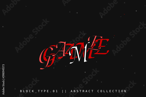 Abstract Game typography vector, distorted red and white text on black background, modern gaming logo design, experimental block type collection