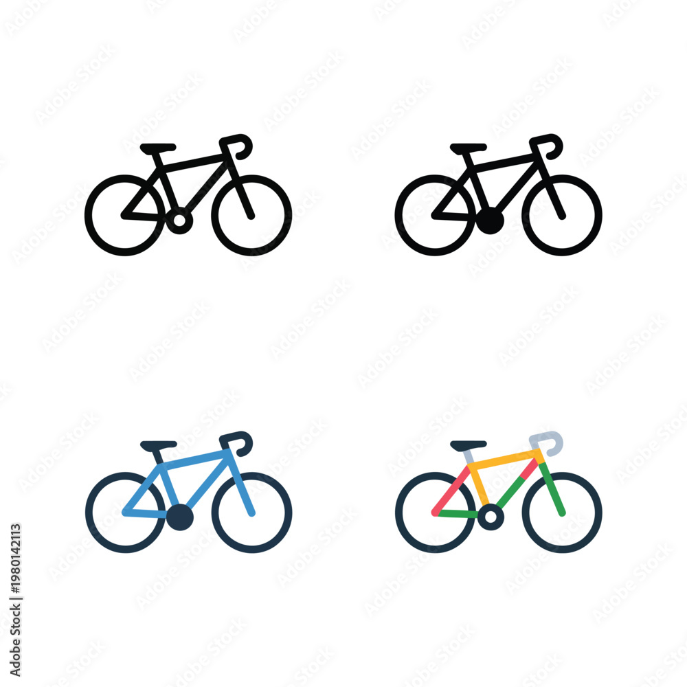 Fototapeta premium Colorful bicycle icons set, family cycling day graphic, kids bike parade poster, community ride event branding, summer fitness challenge design
