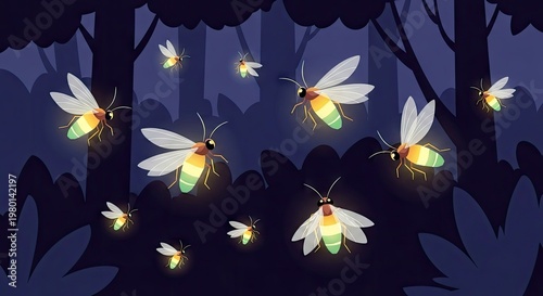 Glowing fireflies in a dark forest nighttime scene with insect illustration