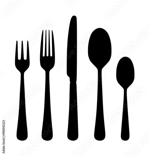 “Simple outline illustration of tableware set—plate, fork, and knife—clean line-art vector style.”