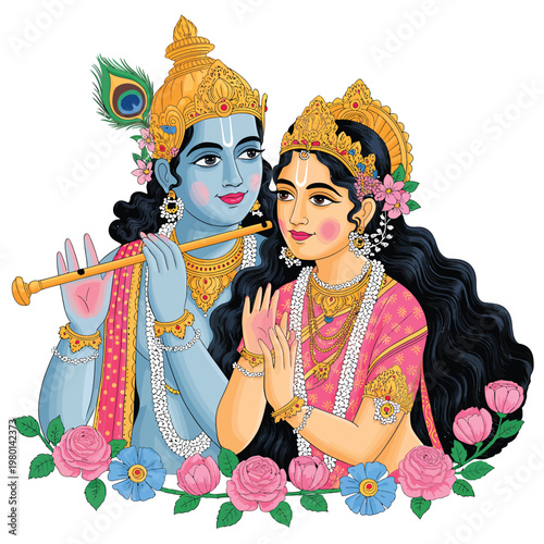Radha and krishna in traditional indian attire embracing affectionately isolated on white background, Vector, illustration