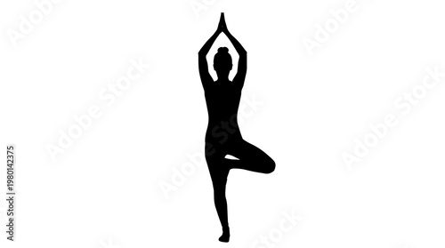 Black silhouette of a woman performing yoga tree pose, isolated on transparent background