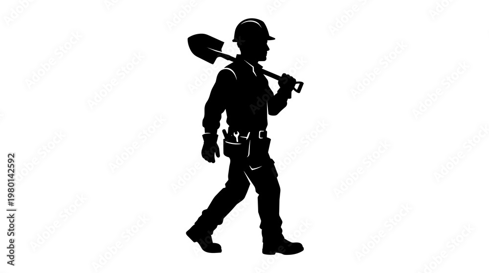 Fototapeta premium Construction worker silhouette carrying shovel over shoulder, isolated on transparent background
