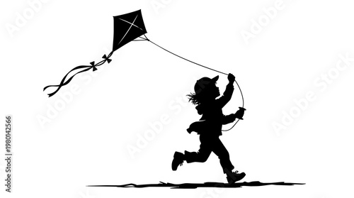 Cuadro en lienzo Silhouette child running with kite, isolated on transparent background