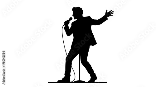 Foto Silhouette of a man singing into a microphone on a stand, isolated on transparen